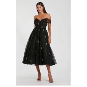 Mac Duggal Off the Shoulder Embellished Tulle Cocktail Pearls Dress, Size 4